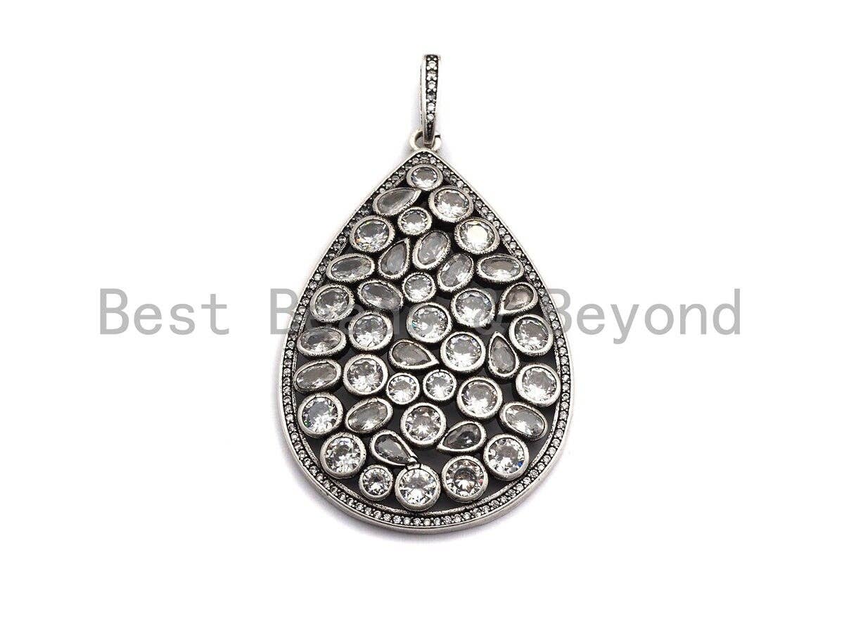 CZ Micro Pave Teardrop Pendant, Antique Silver Tone, Cubic Zirconia Pave Big Teardrop Charm Pendant, 36x55mm,sku#F1007