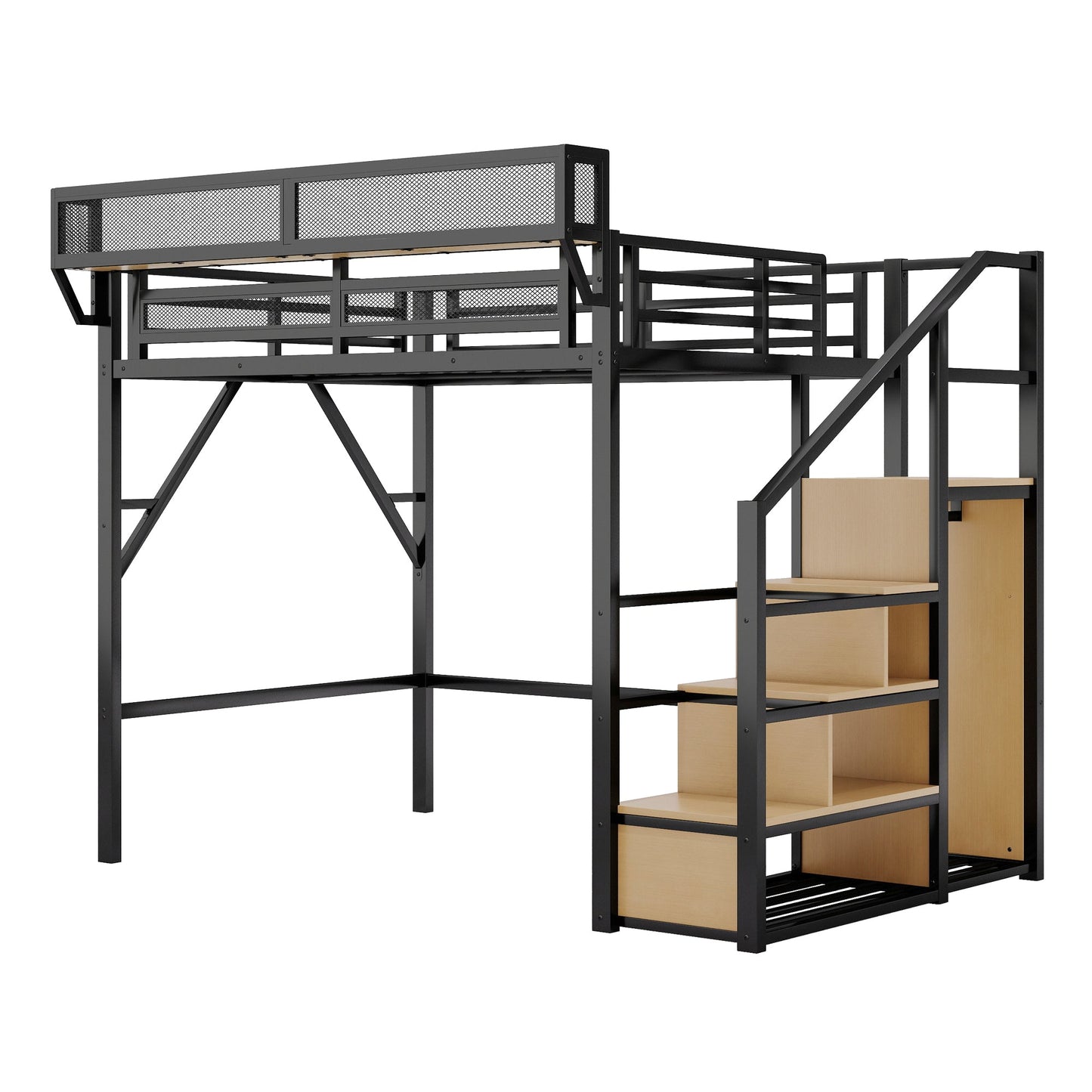 Full Size Loft Bed with Stairs and Storage Shelves