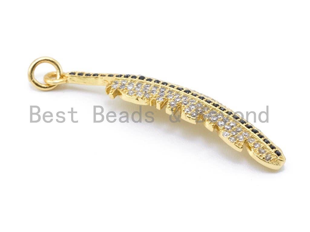 CZ Micro Pave Feather Pendant with Jump Ring, Cubic Zirconia Pendant/Charm,44x12mm,sku#F97C