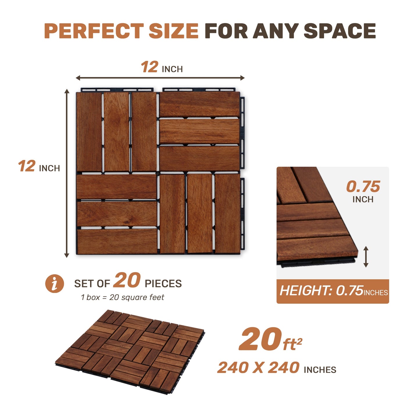 Acacia Wood Interlocking Deck Tiles Checker Pattern