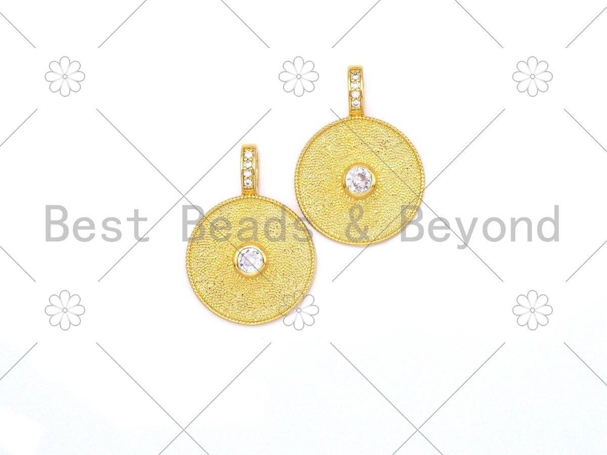 Big Clear CZ Micro Pave On Round Coin Shape Pendant/Charm,18K Gold Filled Medallion Charm, Necklace Bracelet Charm Pendant,20x28mm,Sku#LK381