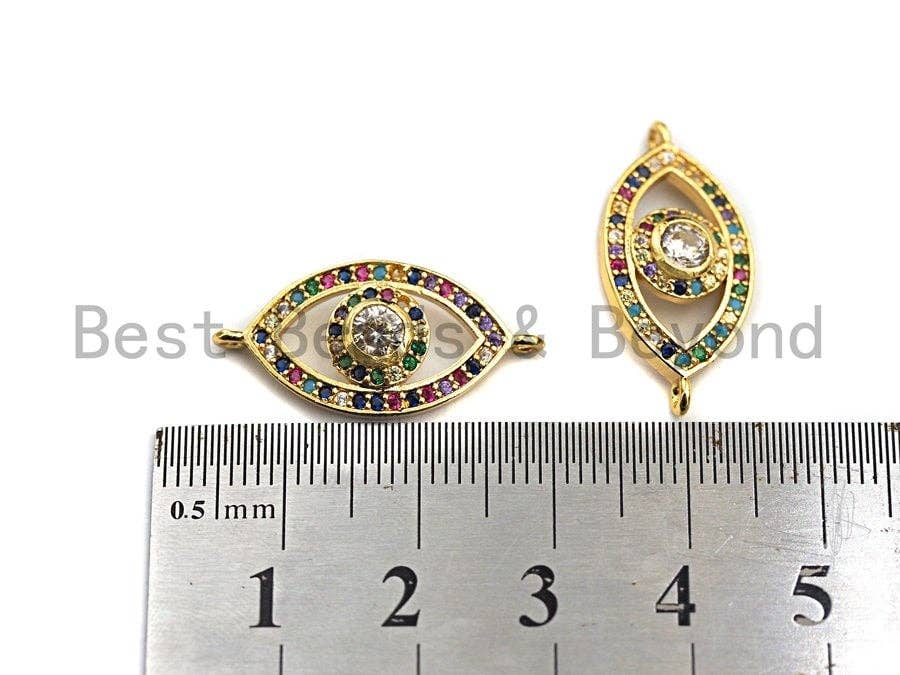 Colorful CZ Micro Pave Evil Eye Shape Connector/Link, Cz Pave Bracelet Necklace Connector in Gold Finish,12x25mm,sku#M252