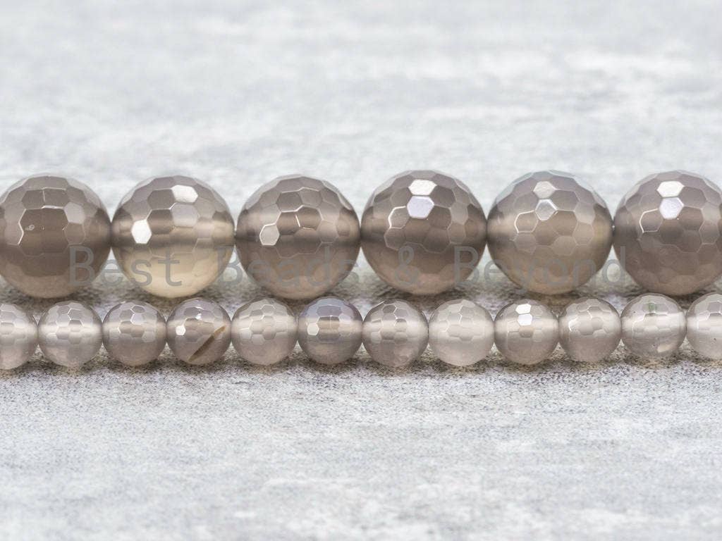Quality Natural Gray Agate/ Smoky Agate Round Faceted Beads, 4mm/6mm/8mm/10mm/12mm Round Gray Smoky Gemstone Beads, 15.5" Strand, SKU#Q33