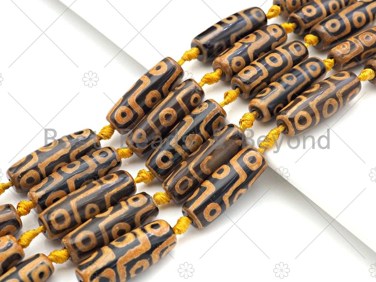 Natural Tibetan Agate Barrel Beads, Yellow Black Dzi Drum Beads, Tibetan Dzi Beads, 10x30mm, Sku#U1041