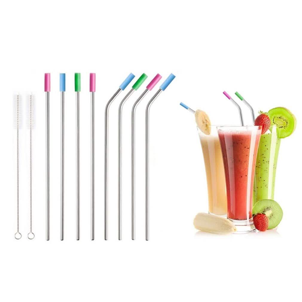 10-Pack: Stainless Steel Extra Wide Drinking Straws with Colored Silicone Tops
