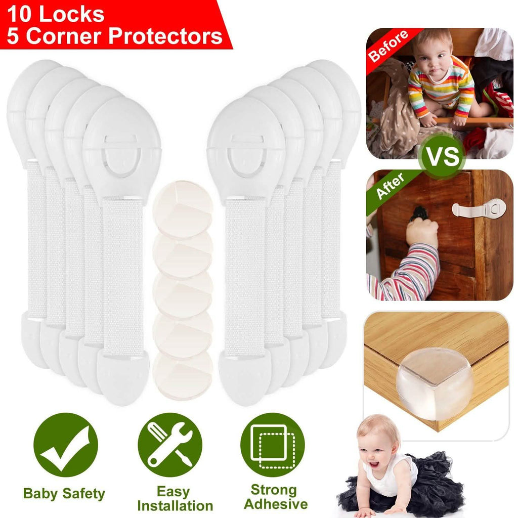 10-Pieces: Kids Safety Locks with 5 Furniture Corner Protectors