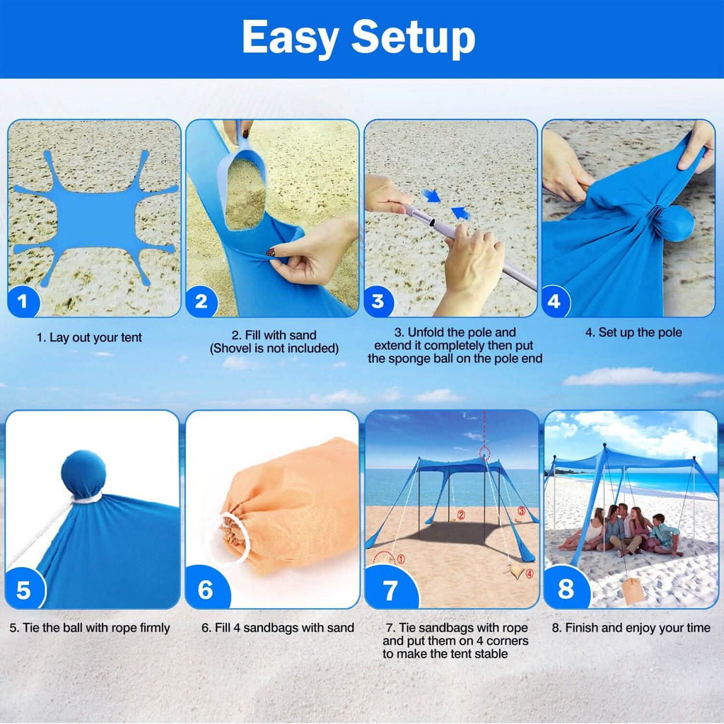 Abri solaire 3 x 3 m Tente de plage familiale Ombre extérieure UPF50+ avec sac de sable