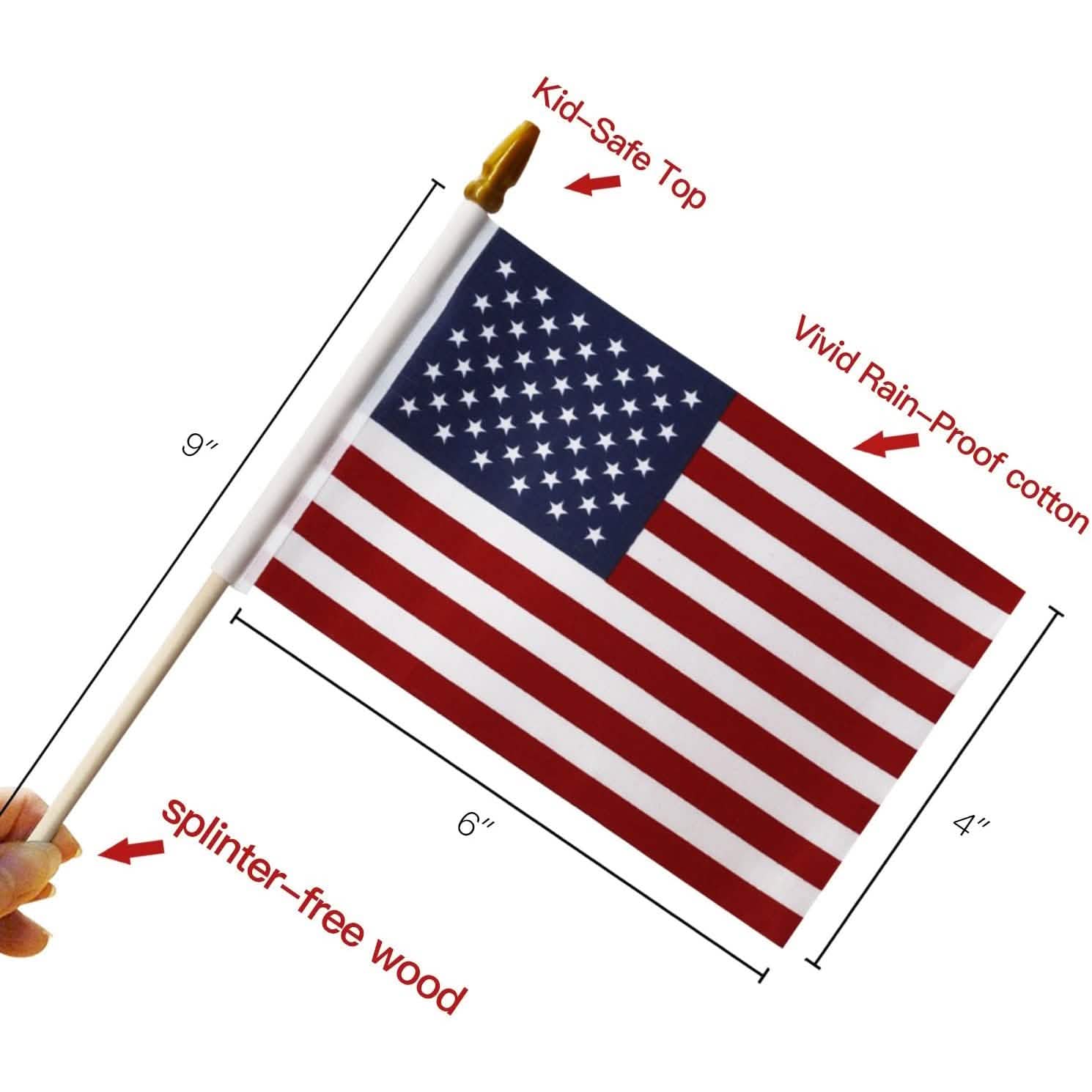 Lot de 100 : Drapeau des États-Unis 4x6 po sur bâton en bois