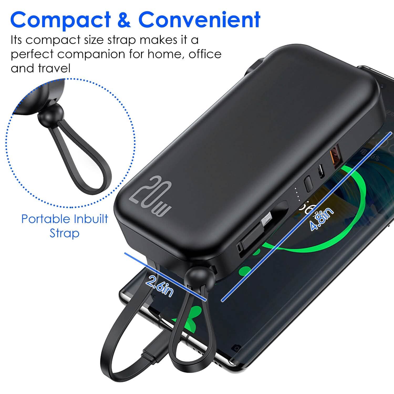 10000mAh ポータブル充電器 USプラグ付き 3本内蔵ケーブル