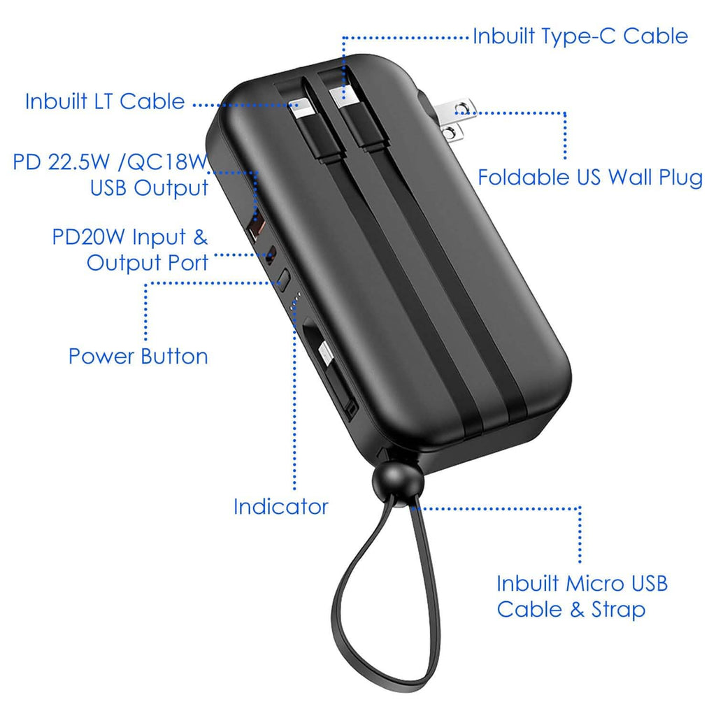10000mAh ポータブル充電器 USプラグ付き 3本内蔵ケーブル