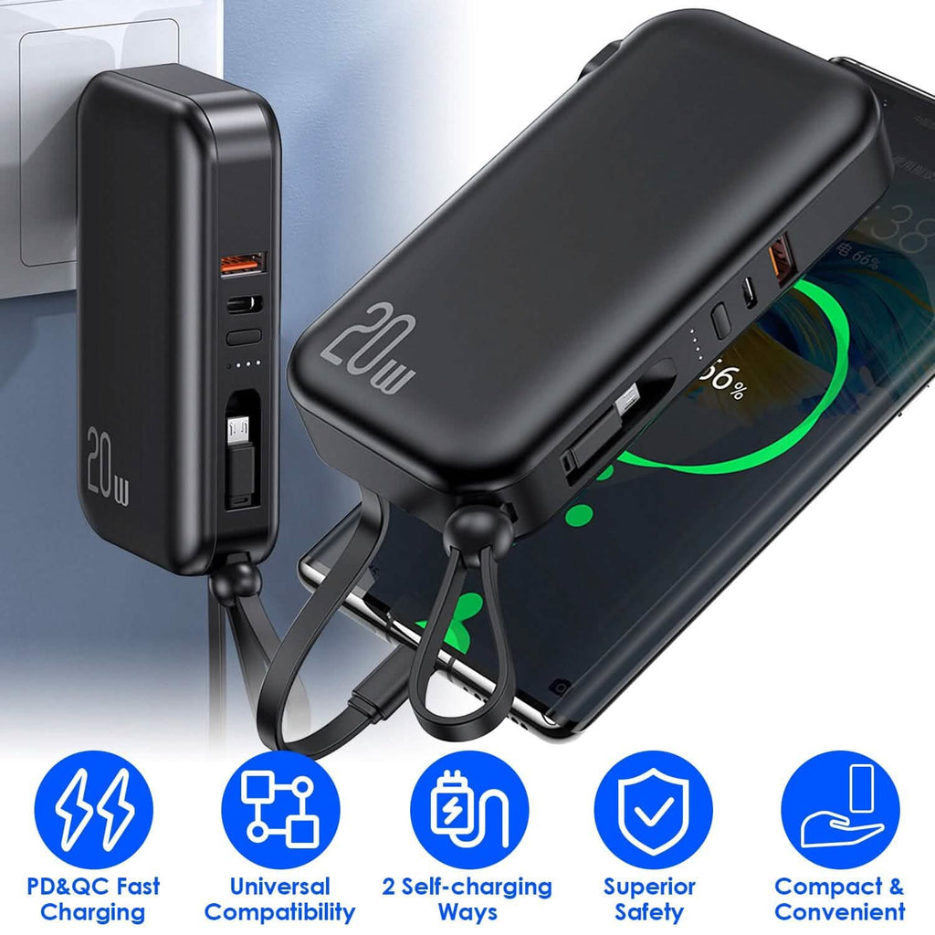 10000mAh ポータブル充電器 USプラグ付き 3本内蔵ケーブル