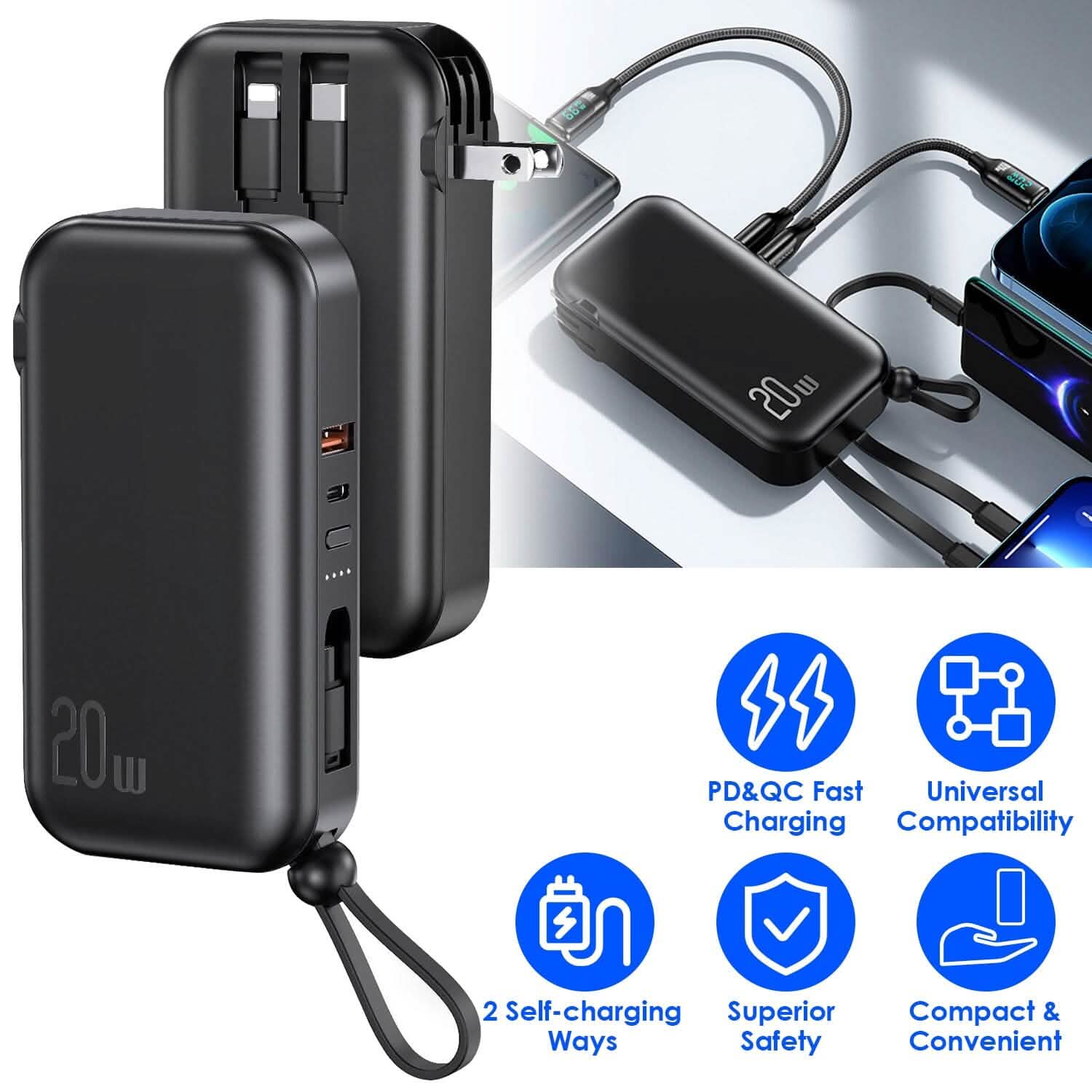 10000mAh ポータブル充電器 USプラグ付き 3本内蔵ケーブル