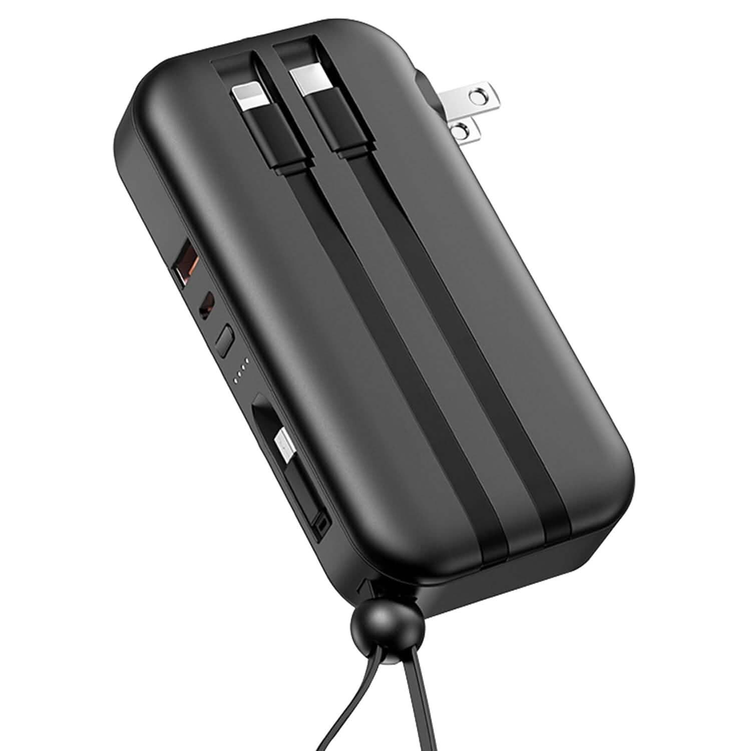 10000mAh ポータブル充電器 USプラグ付き 3本内蔵ケーブル