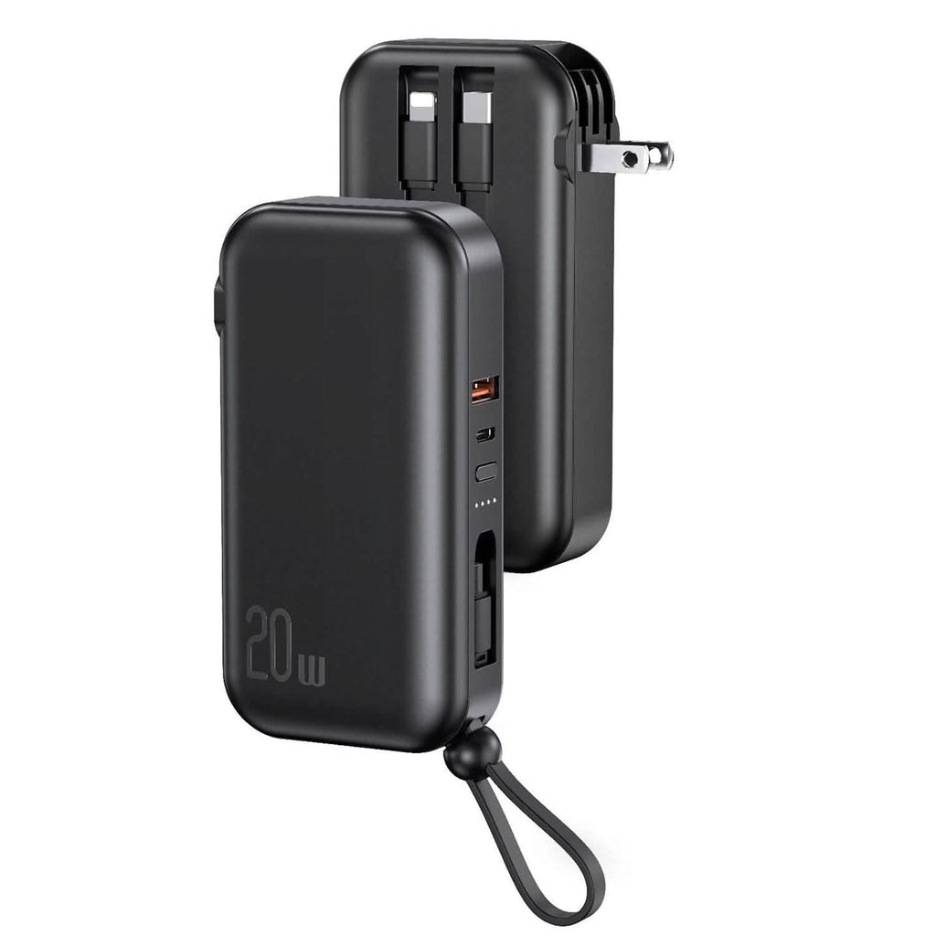 10000mAh ポータブル充電器 USプラグ付き 3本内蔵ケーブル
