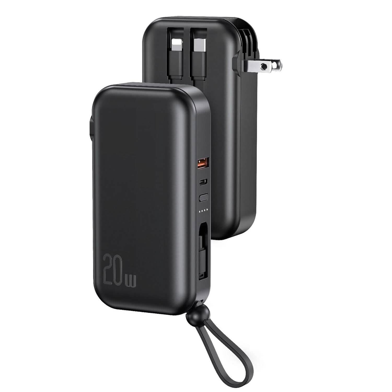 10000mAh ポータブル充電器 USプラグ付き 3本内蔵ケーブル