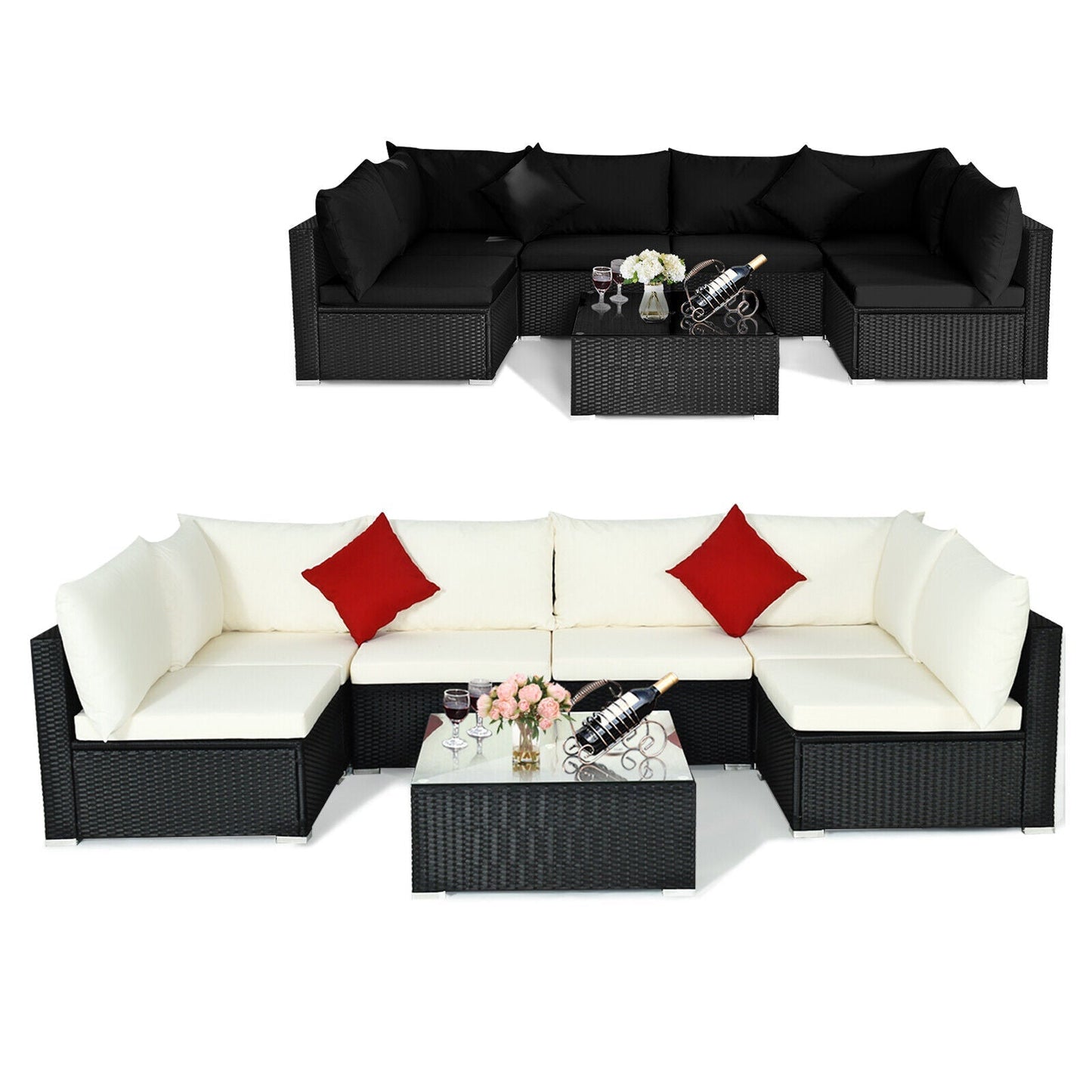 7 Pieces Sectional Wicker Furniture Sofa Set with Tempered Glass Top-Red
