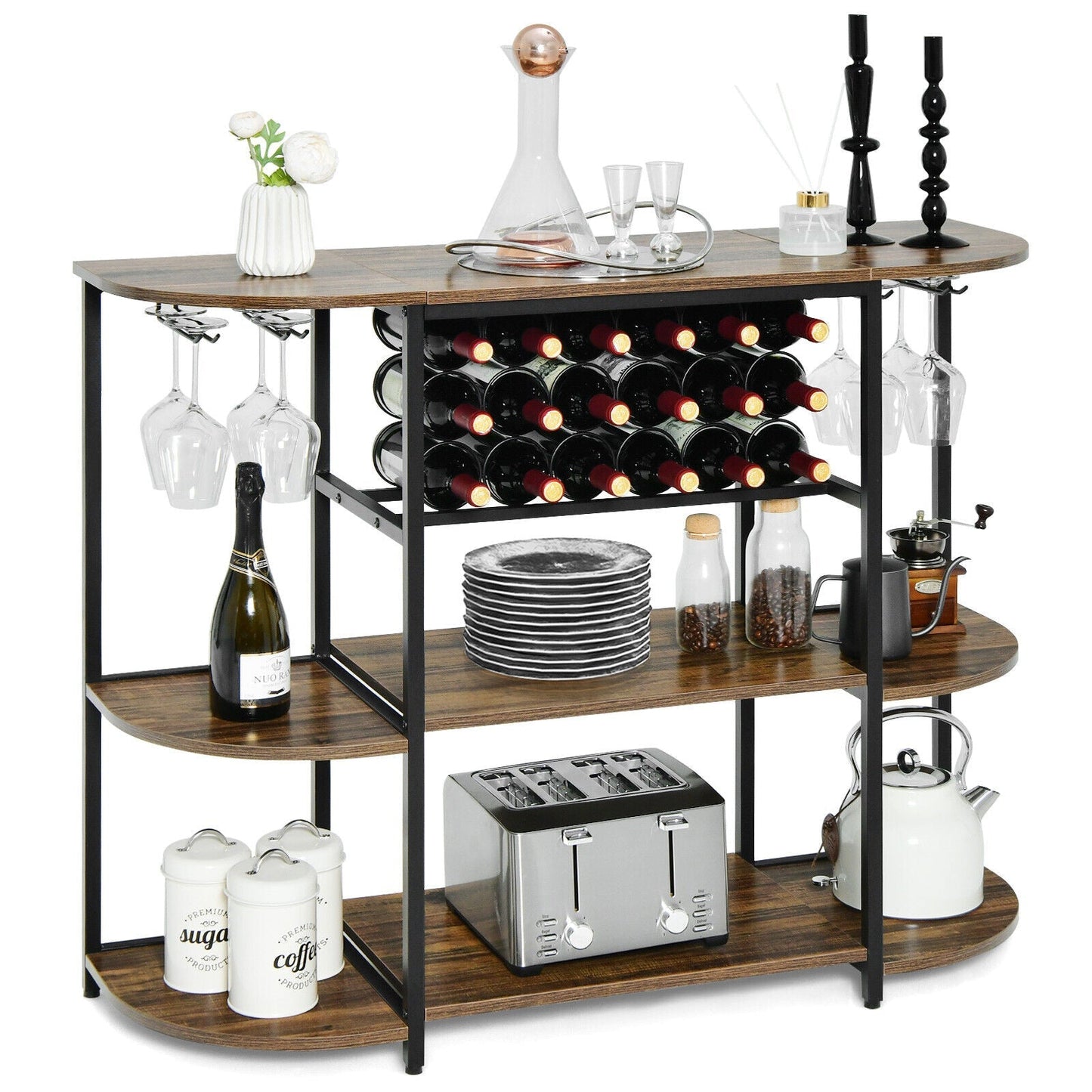 47 Inches Wine Rack Table with Glass Holder and Storage Shelves