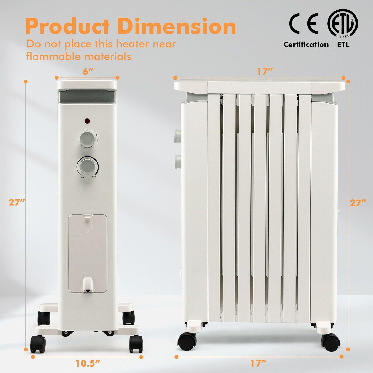1500W Portable Oil Filled Radiator Heater with 3 Heat Settings
