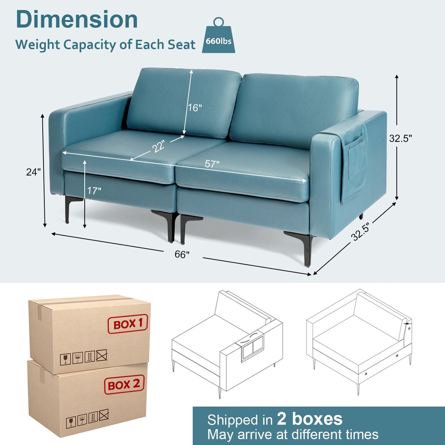 Modern Loveseat Sofa Couch with Side Storage Pocket and Sponged Padded Seat Cushions
