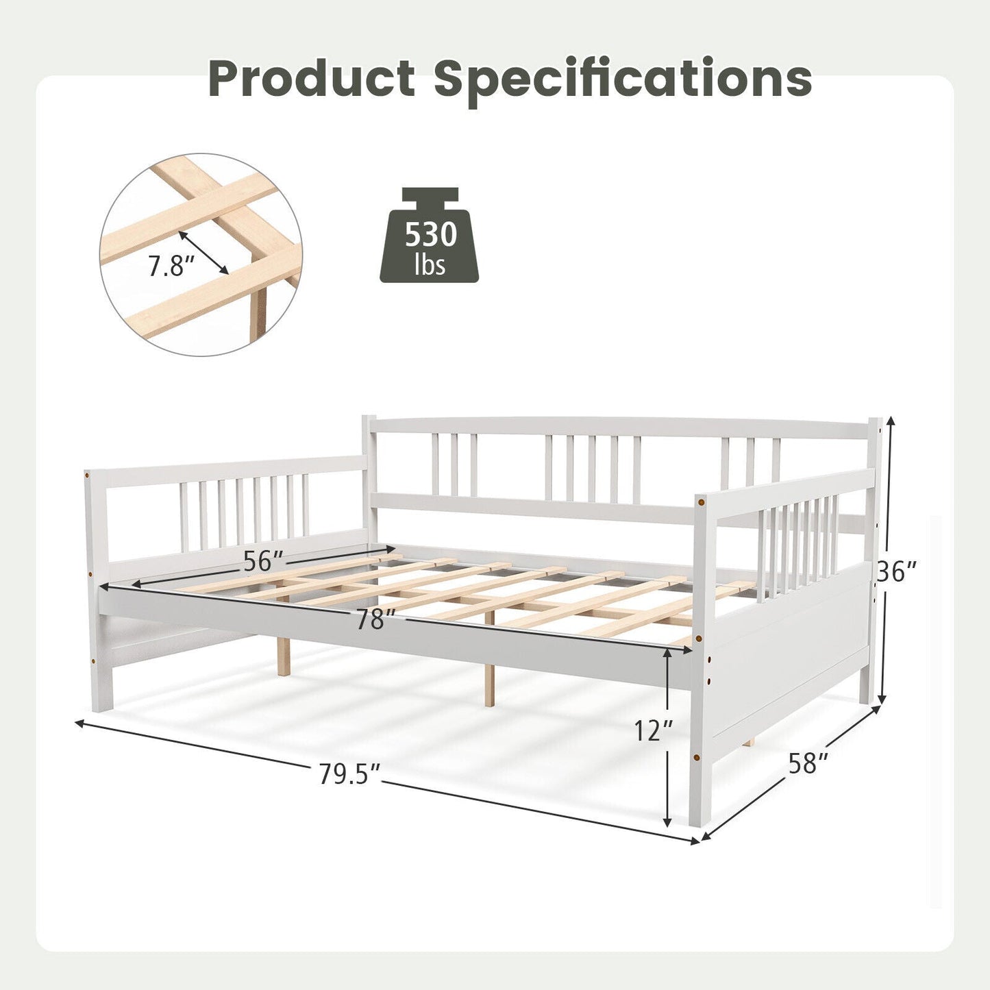 Classic Wooden Full Size Daybed Frame with Guardrails