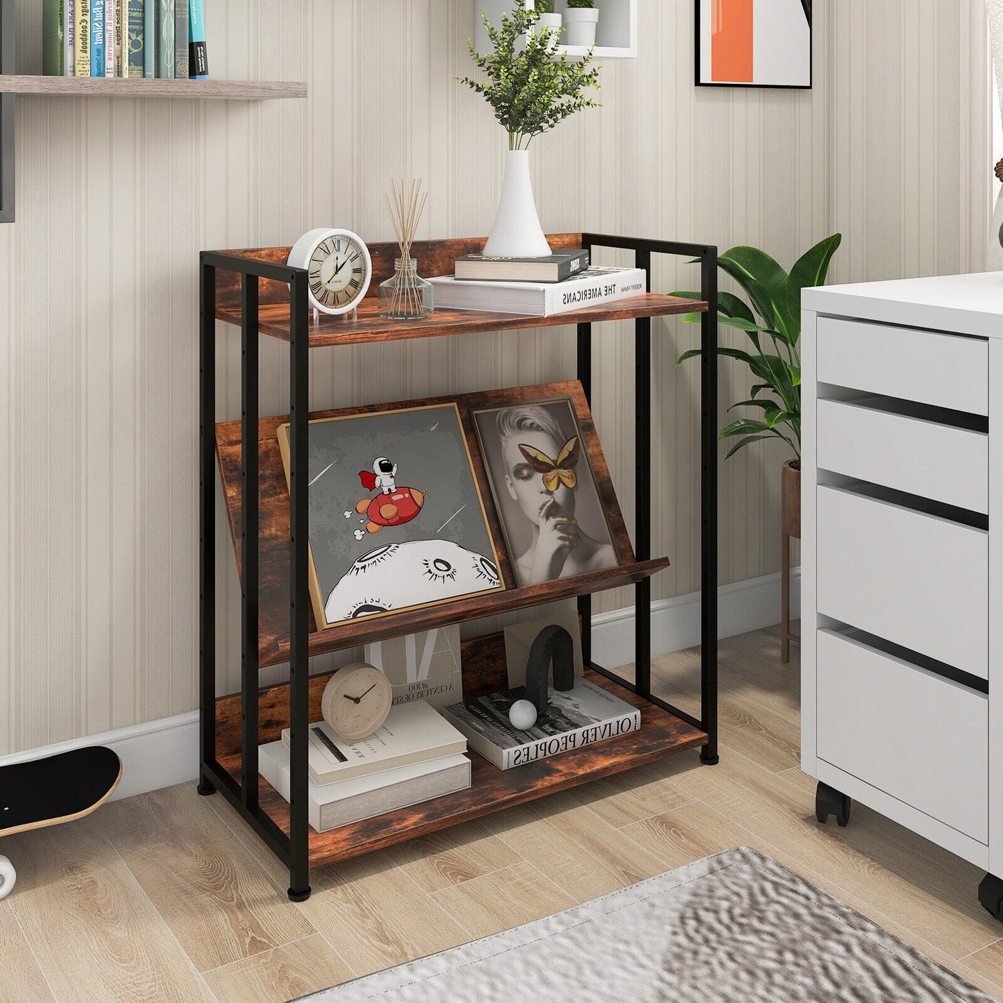 3/5-Tier Industrial Bookshelf Storage Shelf Display Rack with Adjustable Shelves