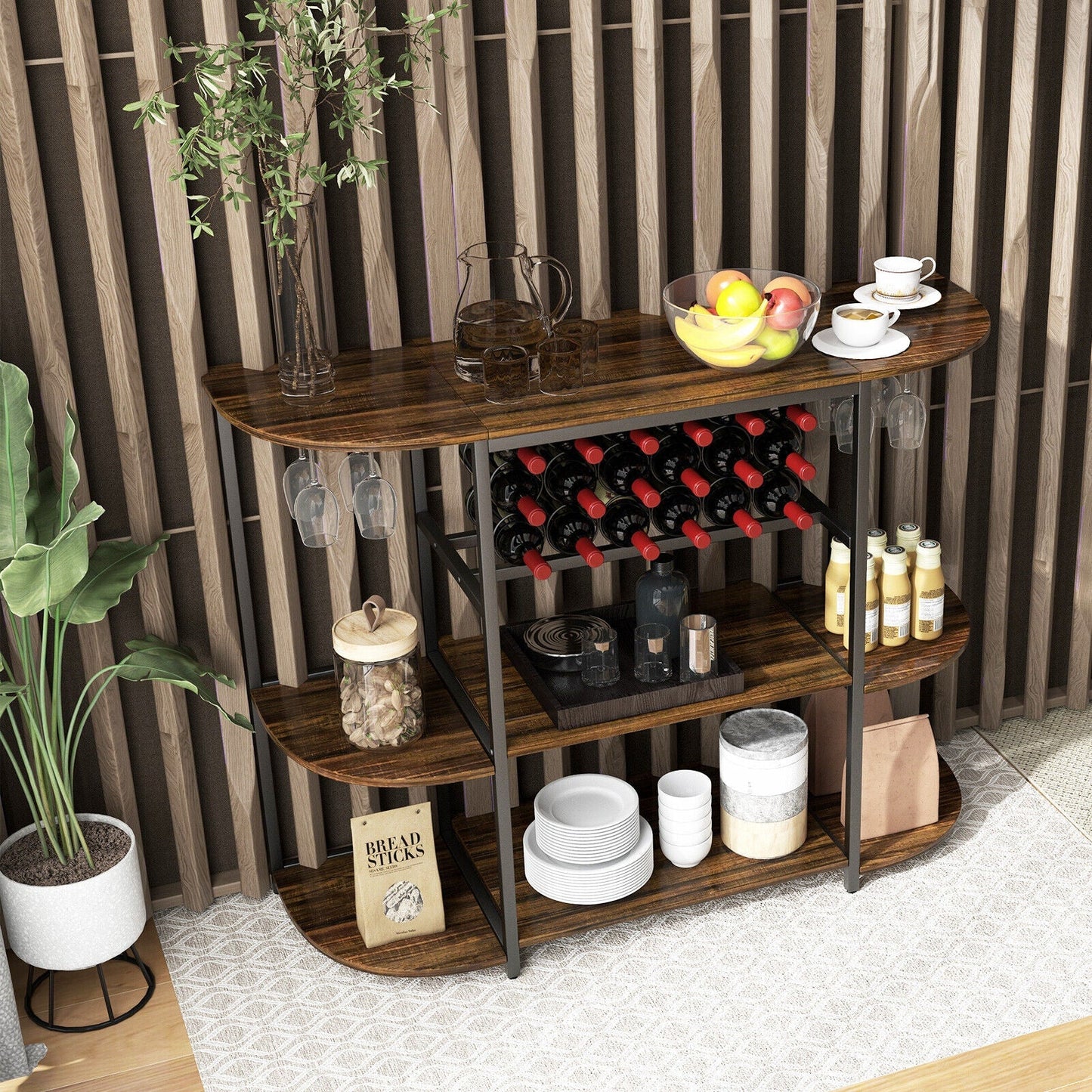47 Inches Wine Rack Table with Glass Holder and Storage Shelves