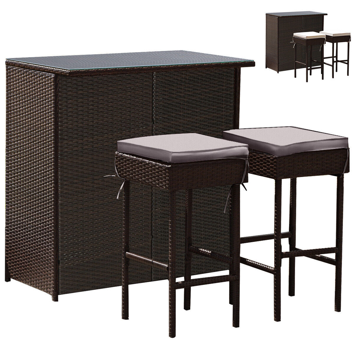 3PCS Patio Rattan Wicker Bar Table Stools Dining Set-Turquoise