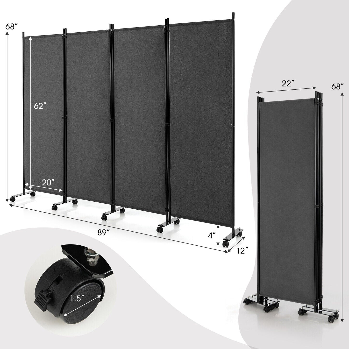 4-Panel Folding Room Divider 6 Feet Rolling Privacy Screen with Lockable Wheels