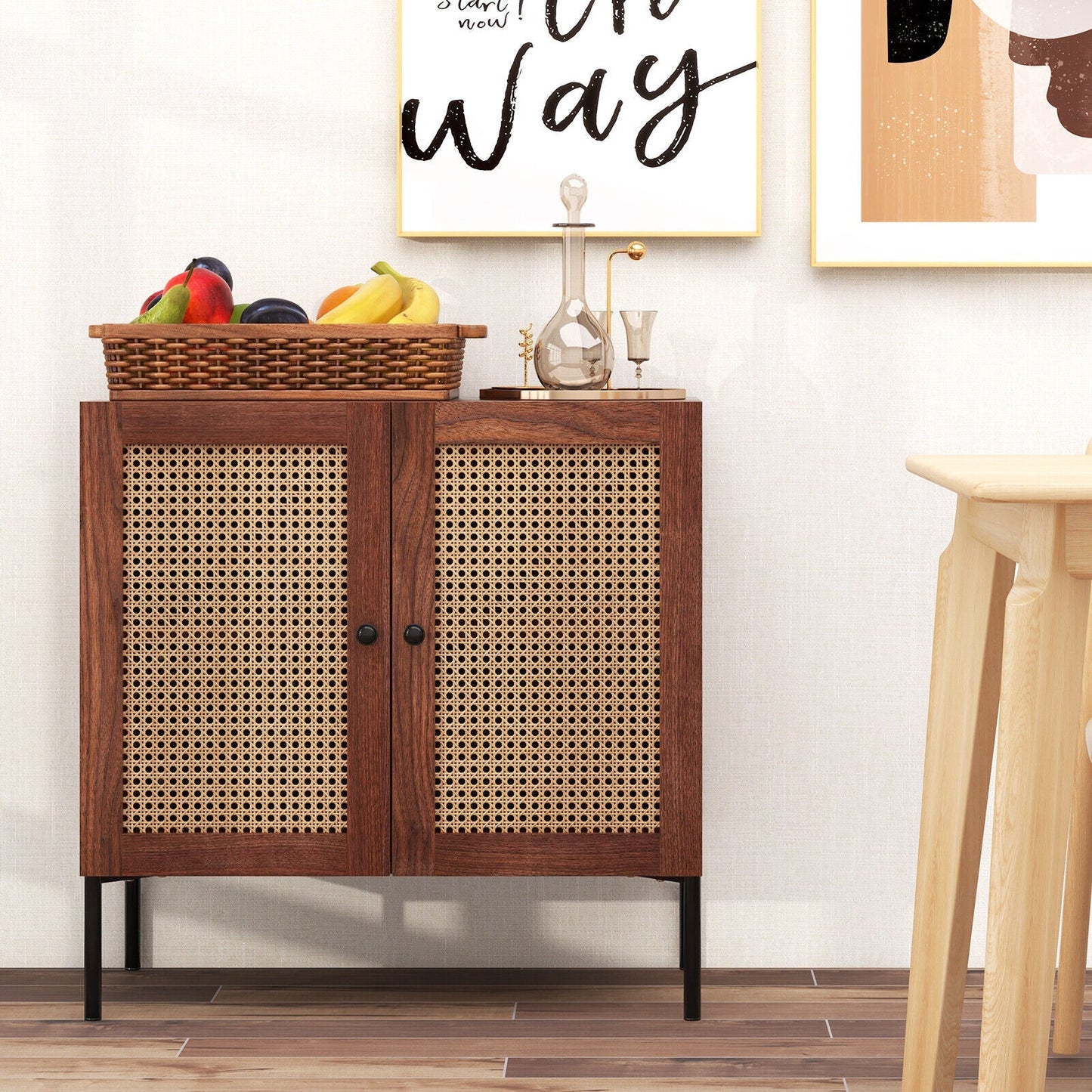Kitchen Sideboard with 2 Rattan Doors and Adjustable Shelf