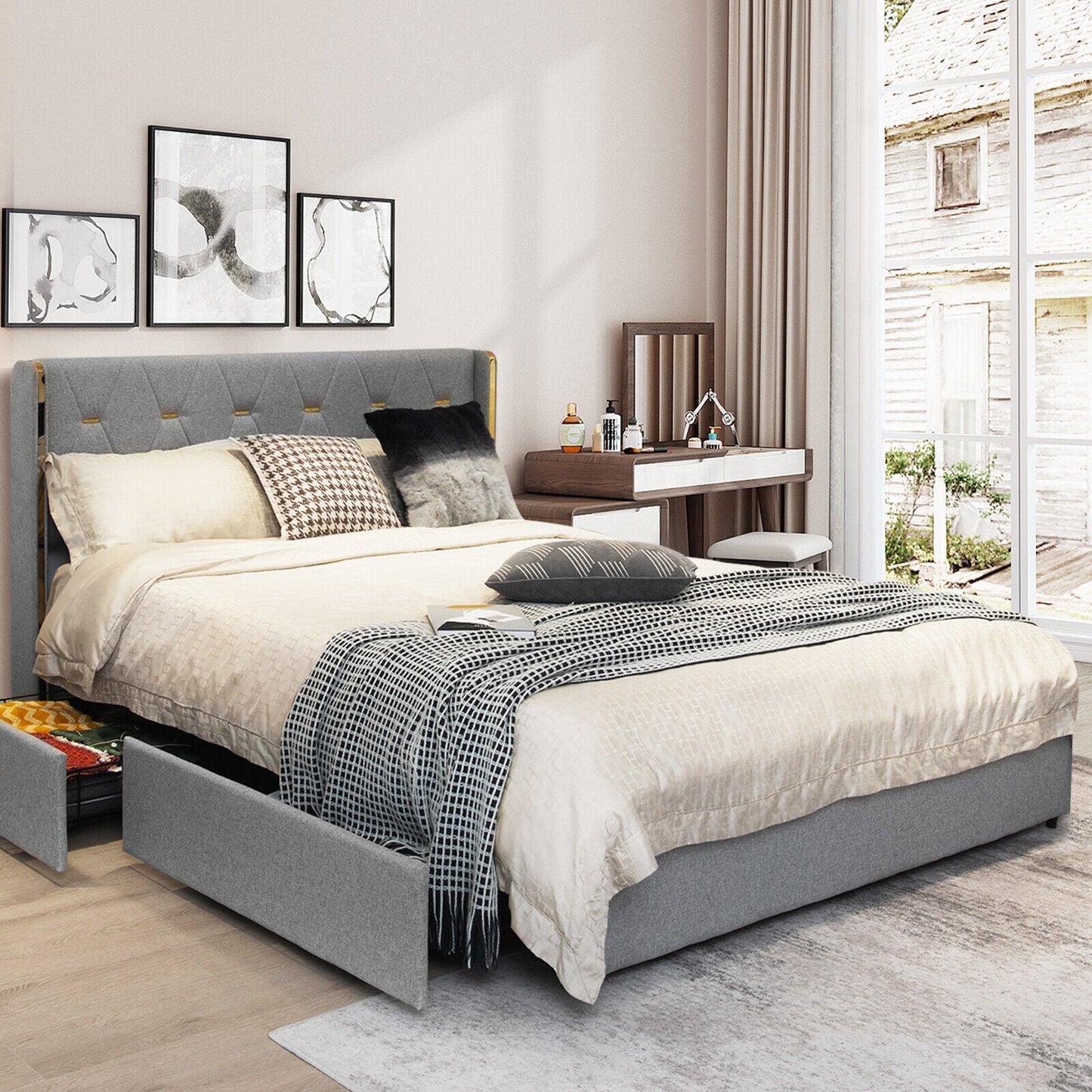Bed Frame Mattress Foundation with 4 Storage Drawers