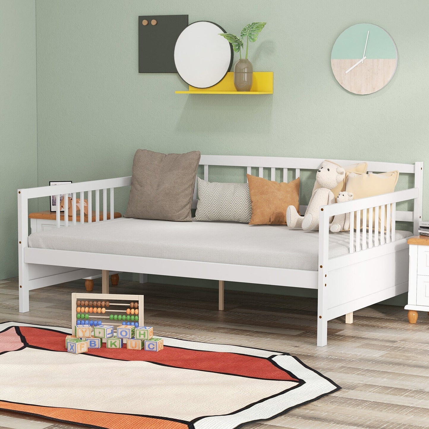 Classic Wooden Full Size Daybed Frame with Guardrails