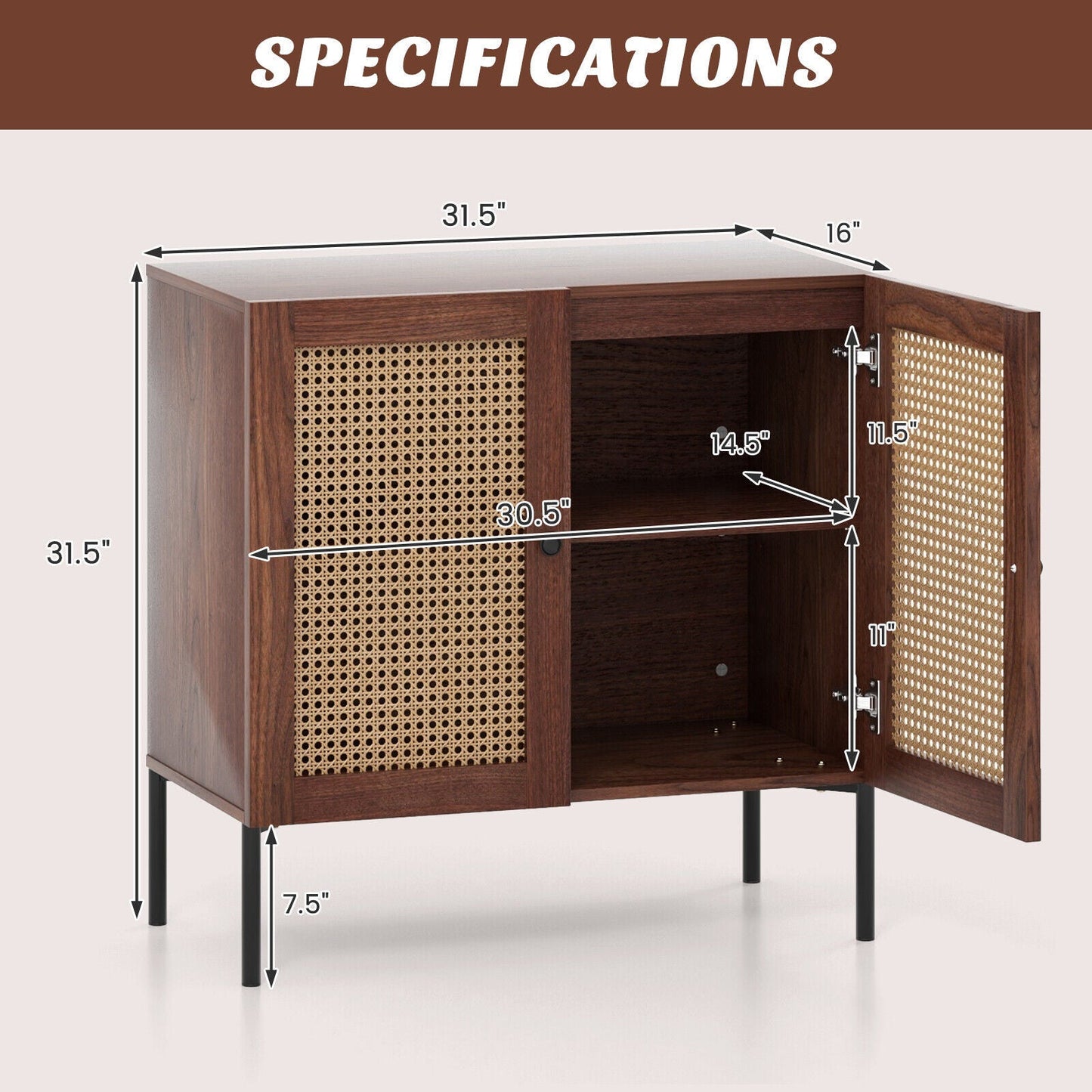 Kitchen Sideboard with 2 Rattan Doors and Adjustable Shelf