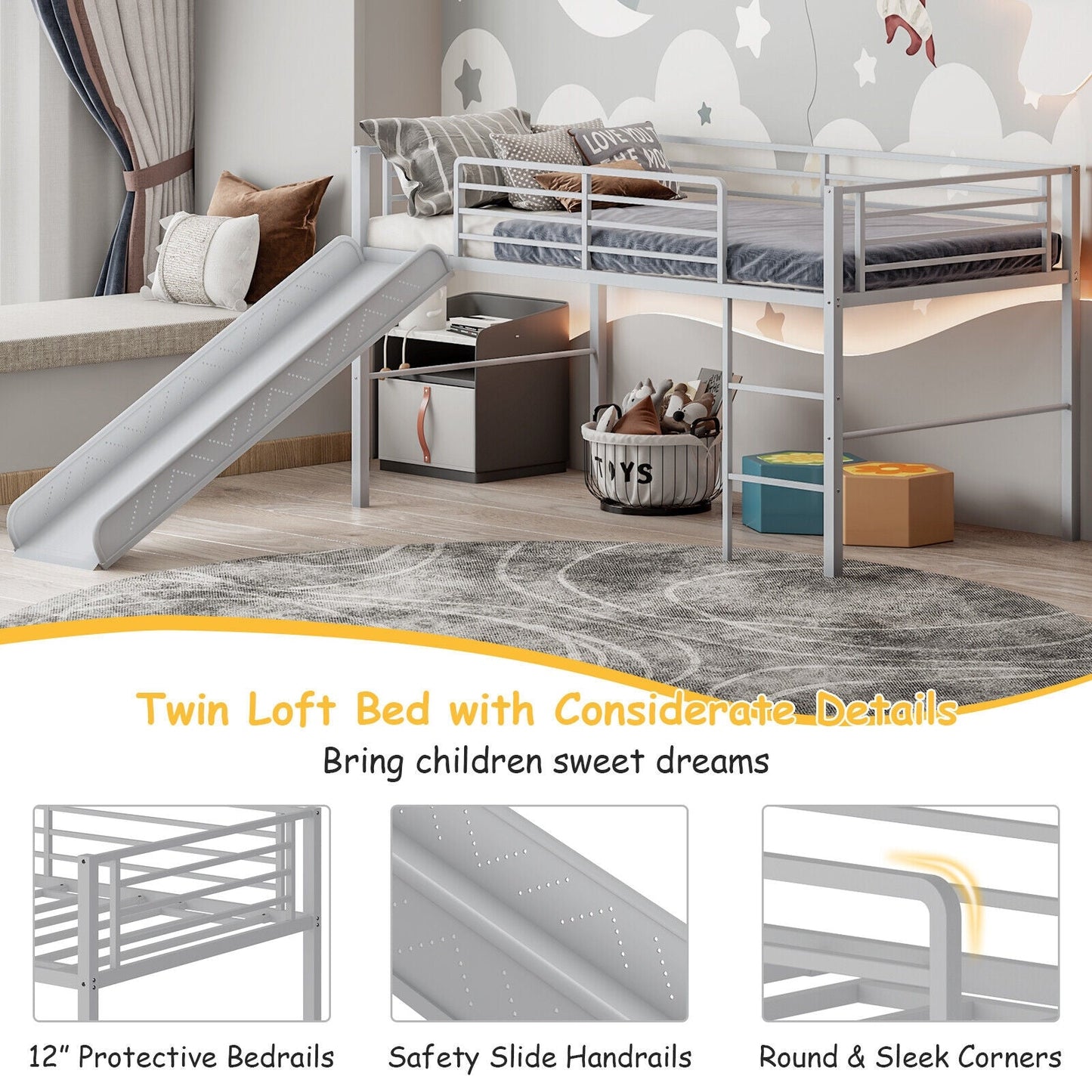 Twin Metal Loft Bed with Slide Safety Guardrails and Built-in Ladder
