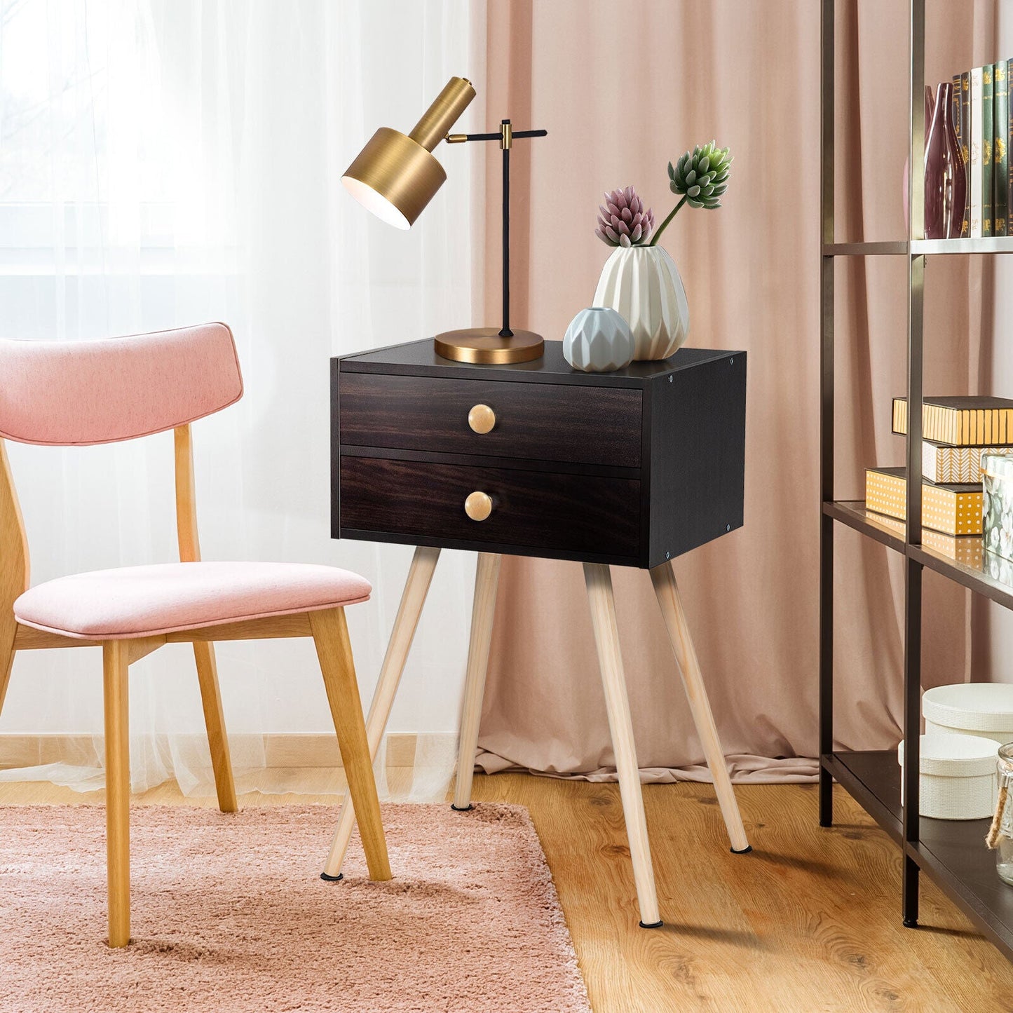 Modern Nightstand Bedside Table Mid Century with 2 Drawers-Natural