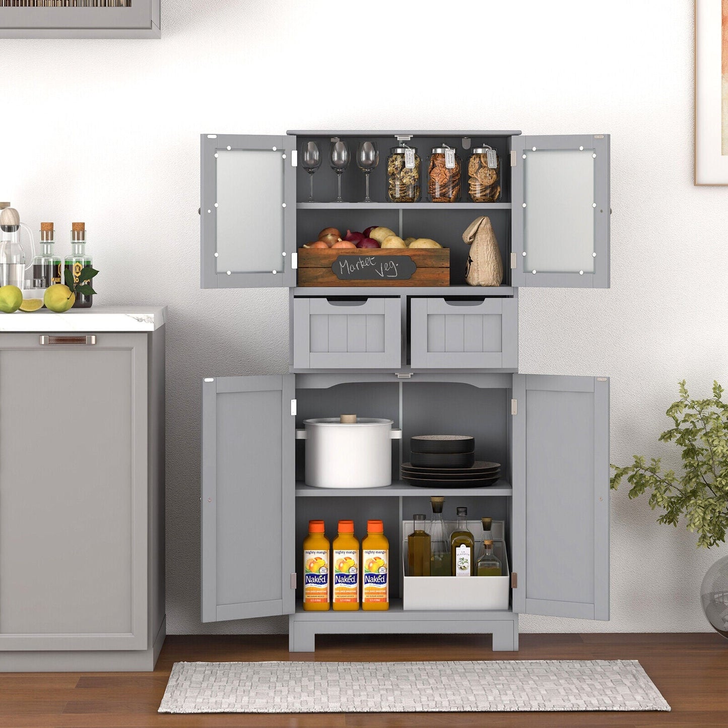 3 Tier Freee-Standing Bathroom Cabinet with 2 Drawers and Glass Doors