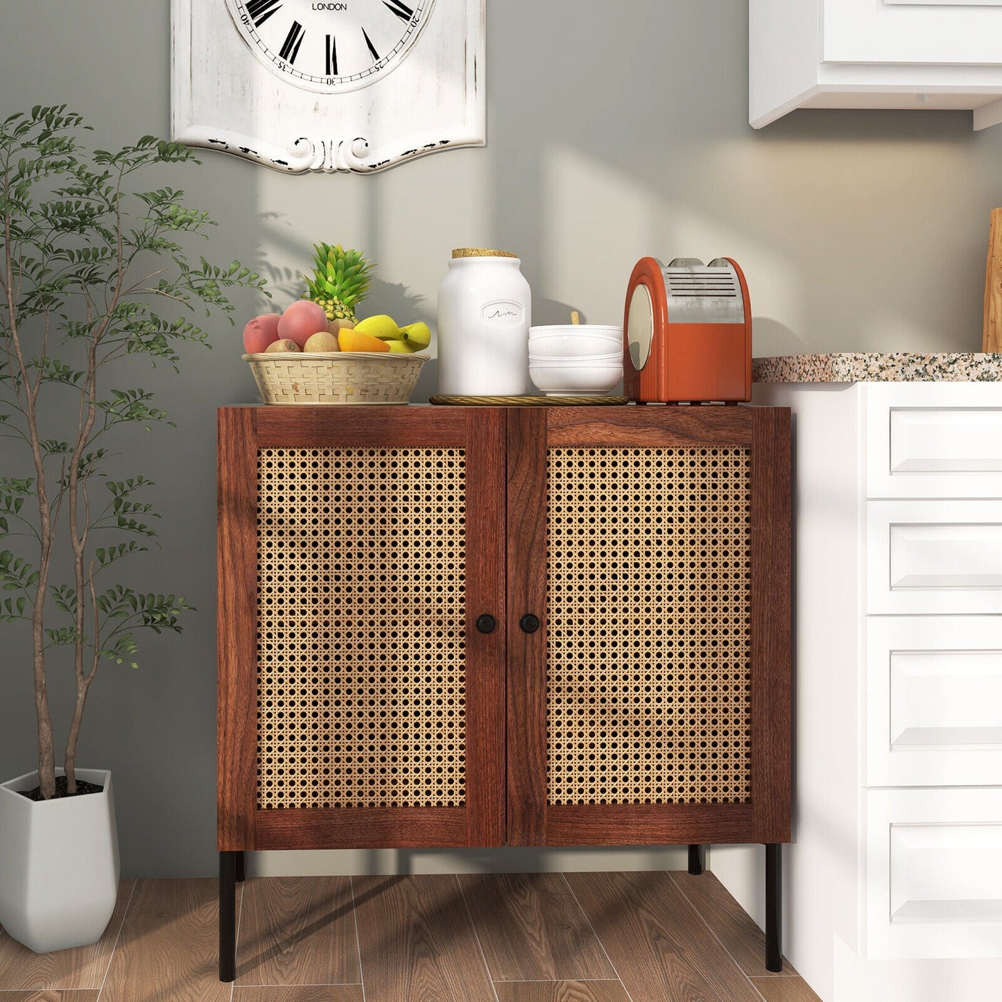 Kitchen Sideboard with 2 Rattan Doors and Adjustable Shelf