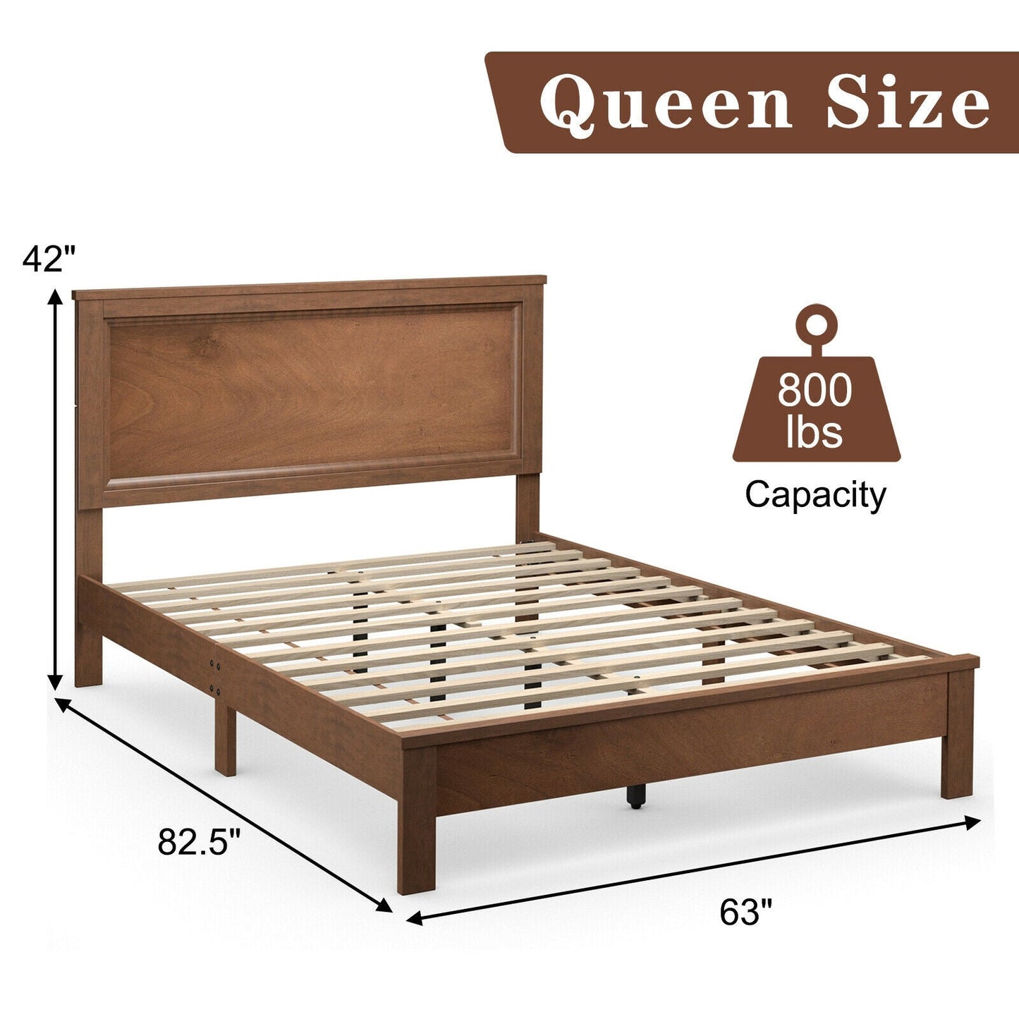 Queen Size Bed Frame Platform Slat High Headboard Bedroom with Rubber Wood Leg