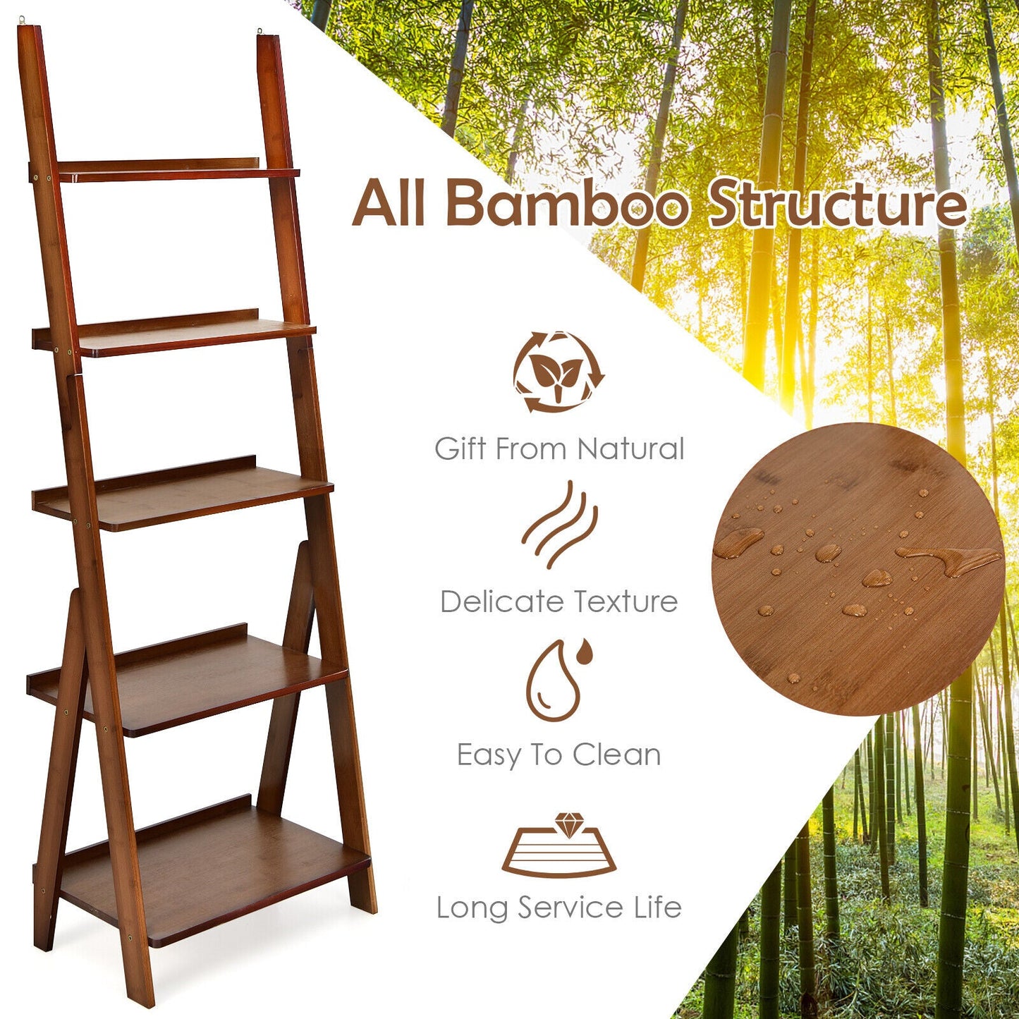 5-Tier Bamboo Ladder Shelf for Home Use