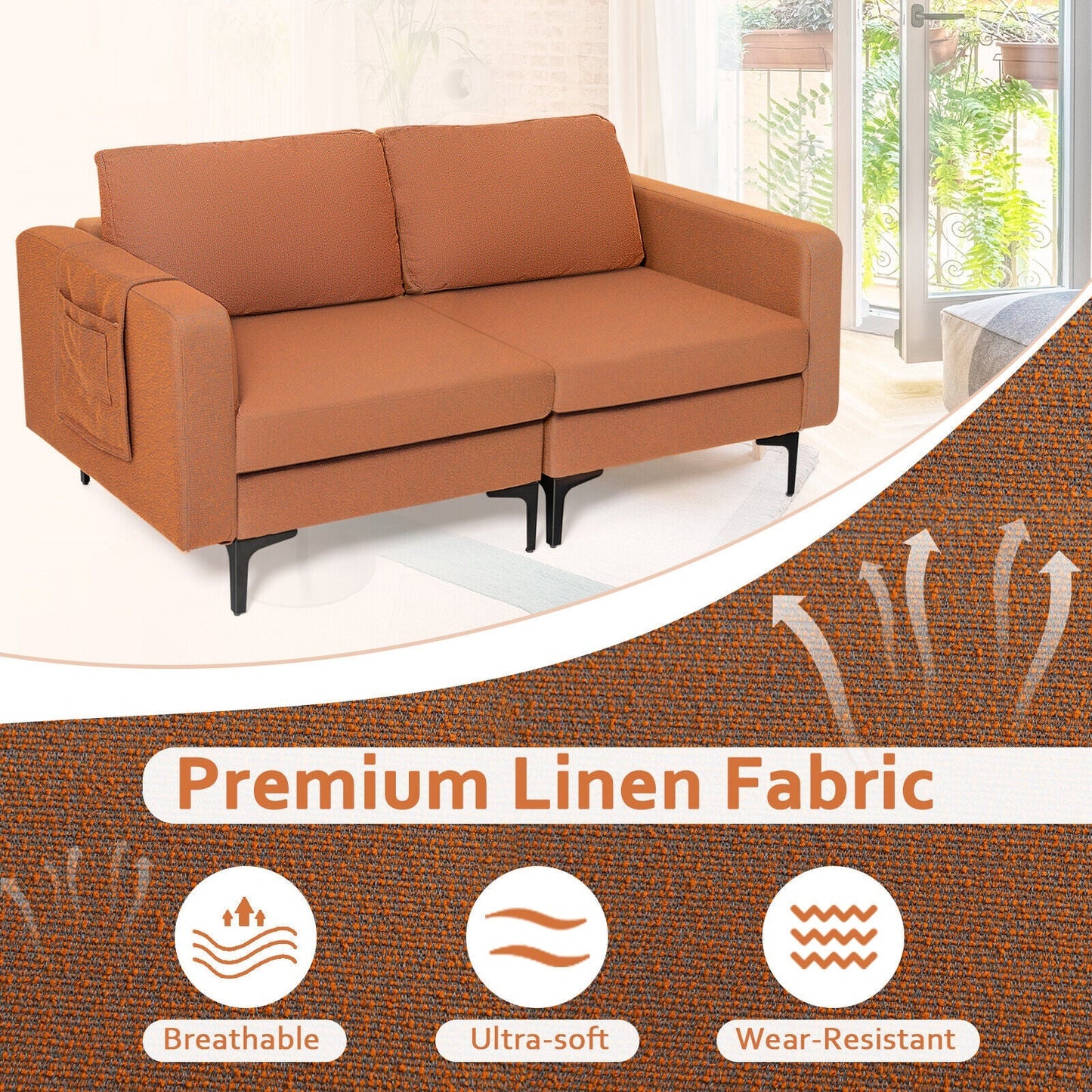 Modern Loveseat Sofa Couch with Side Storage Pocket and Sponged Padded Seat Cushions