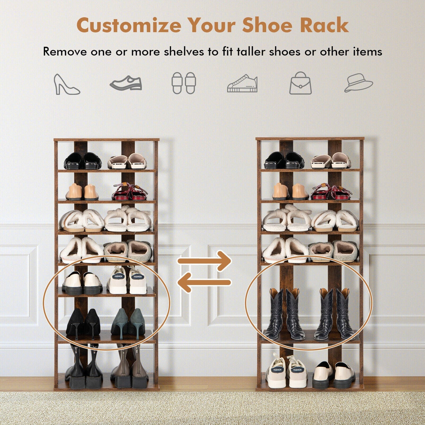 7-Tier Dual Shoe Rack Free Standing Shelves Storage Shelves Concise-Black