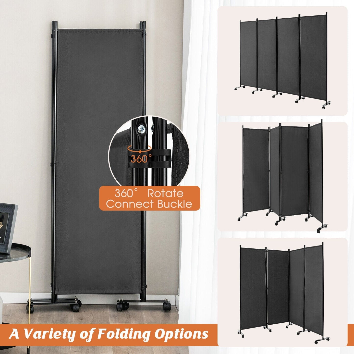 4-Panel Folding Room Divider 6 Feet Rolling Privacy Screen with Lockable Wheels