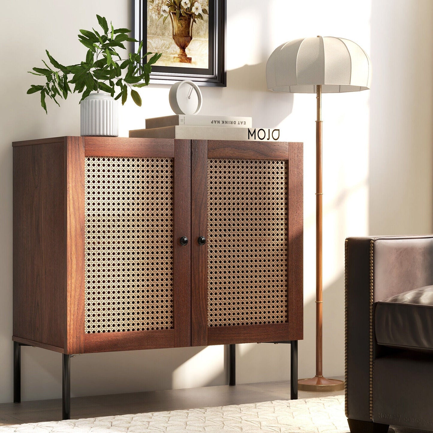 Kitchen Sideboard with 2 Rattan Doors and Adjustable Shelf