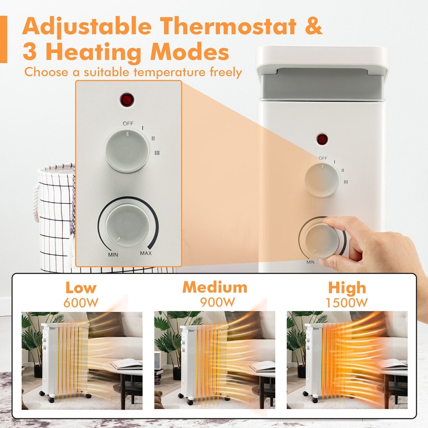 1500W Portable Oil Filled Radiator Heater with 3 Heat Settings