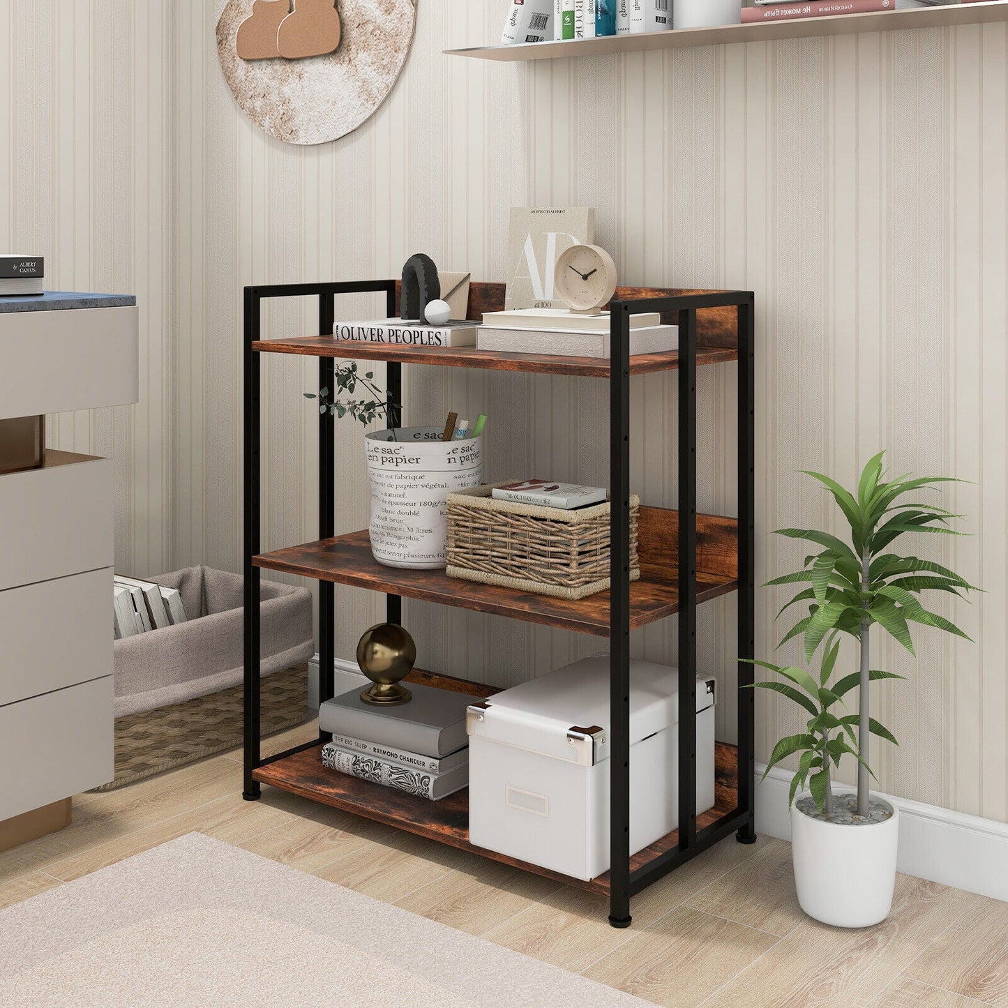 3/5-Tier Industrial Bookshelf Storage Shelf Display Rack with Adjustable Shelves
