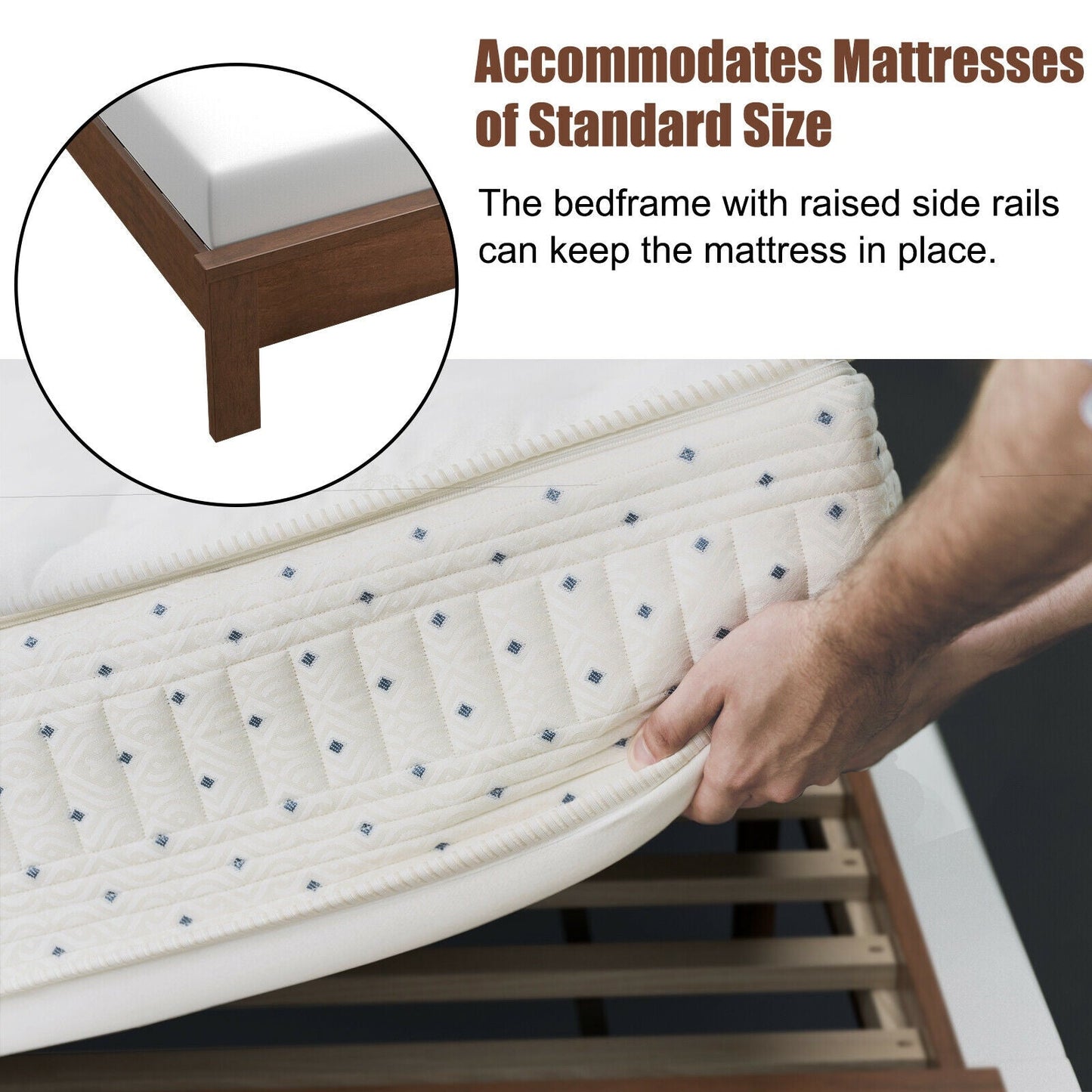 Queen Size Bed Frame Platform Slat High Headboard Bedroom with Rubber Wood Leg