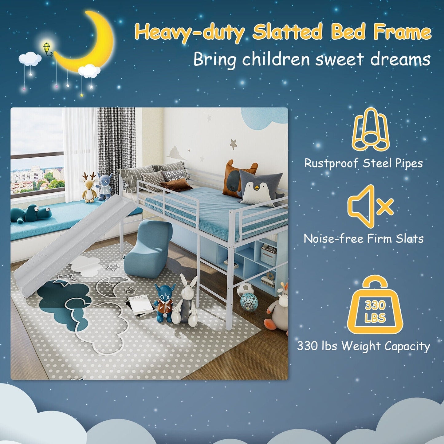 Twin Metal Loft Bed with Slide Safety Guardrails and Built-in Ladder