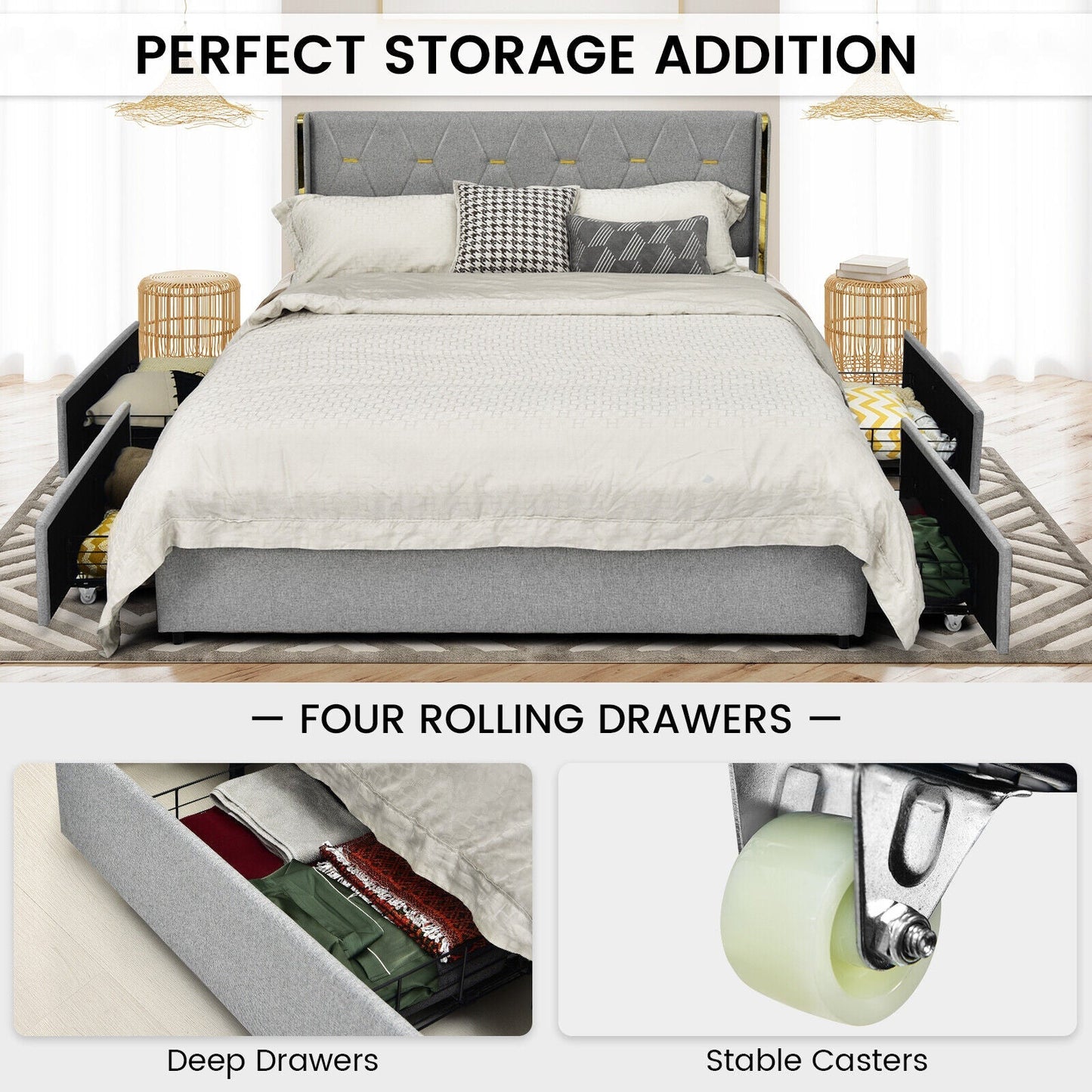 Bed Frame Mattress Foundation with 4 Storage Drawers