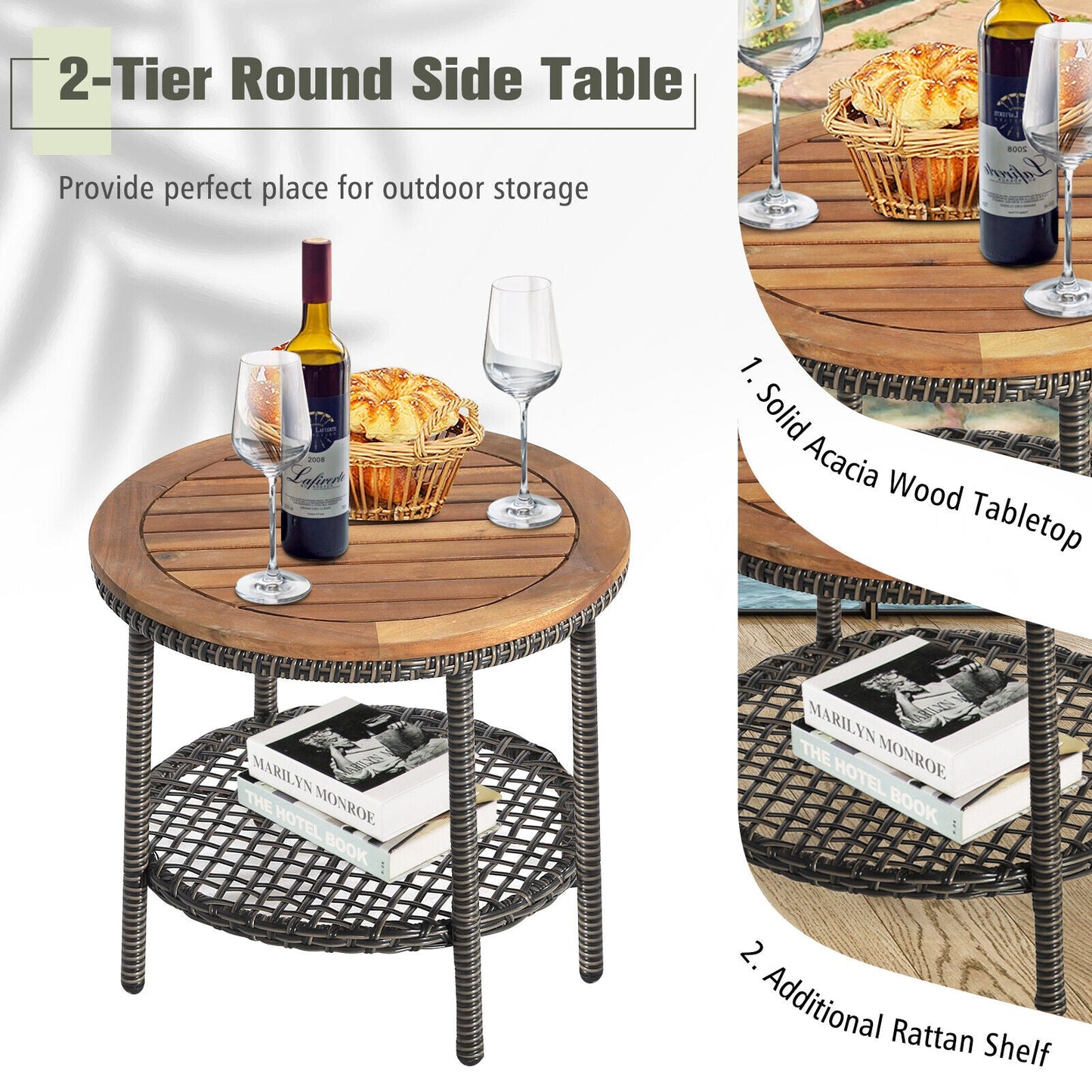3 Pieces Patio Rattan Furniture Set with Cushioned Sofas and Wood Table Top-White