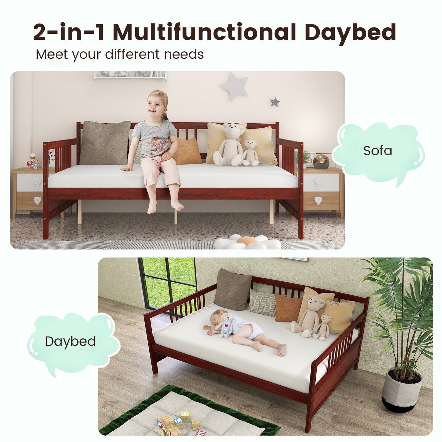 Classic Wooden Full Size Daybed Frame with Guardrails