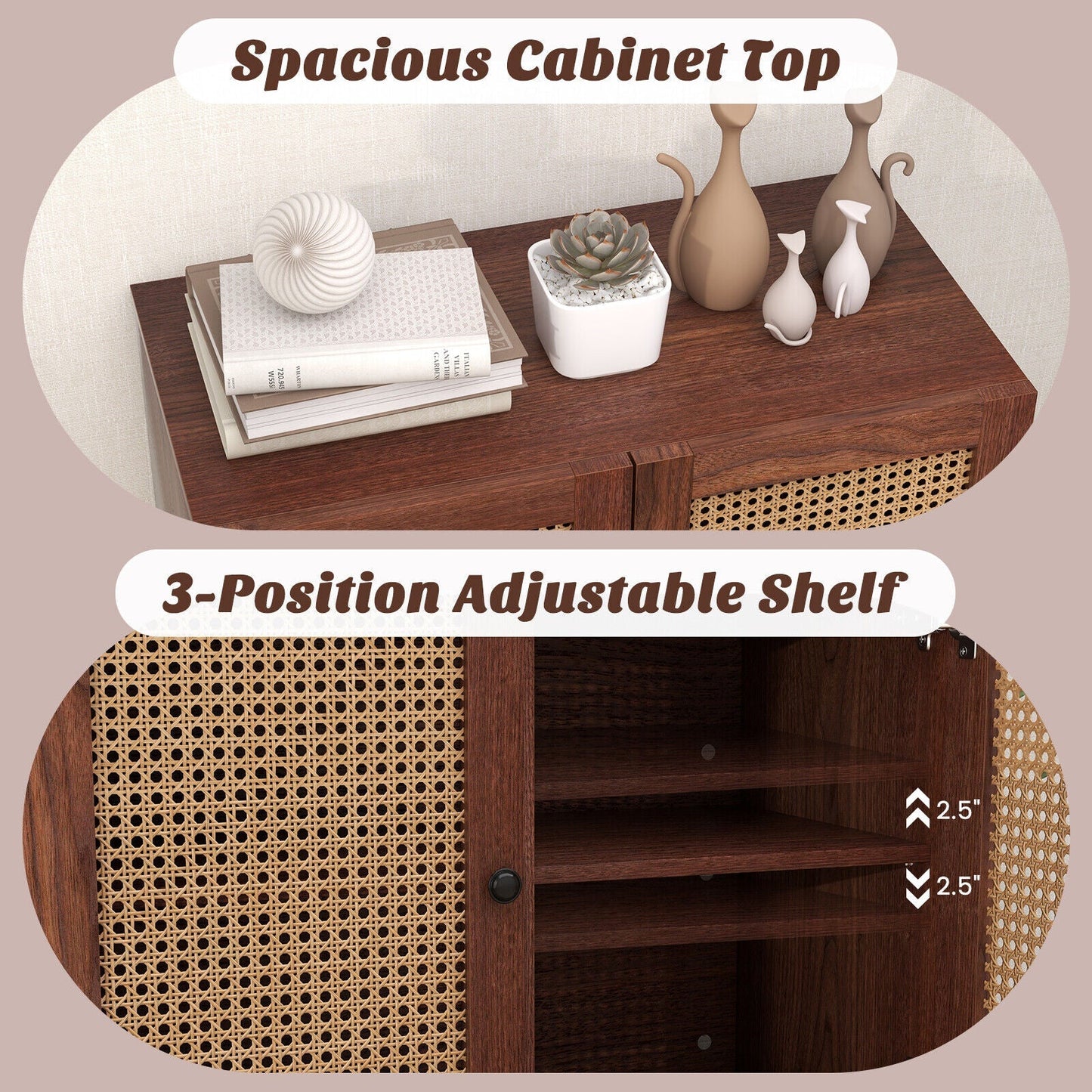 Kitchen Sideboard with 2 Rattan Doors and Adjustable Shelf